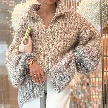 🔥Hot Sale 50% OFF🔥 Fashion Sequin Full-Zipper Knit Sweater for Women