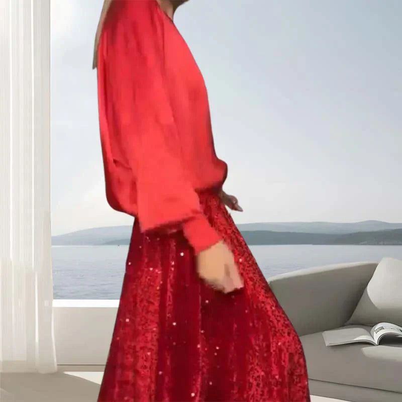 🔥Big Sale 50% OFF🔥Women's Long Sleeve Top & Sequin Maxi Skirt Two-Piece Set