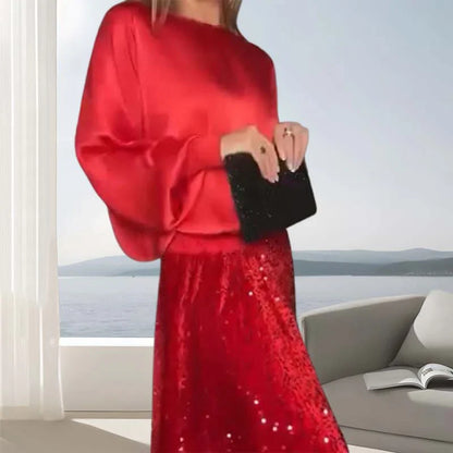 💃2025 New Arrival Pre-Sale✨Women's Long Sleeve Top & Sequin Maxi Skirt Two-Piece Set