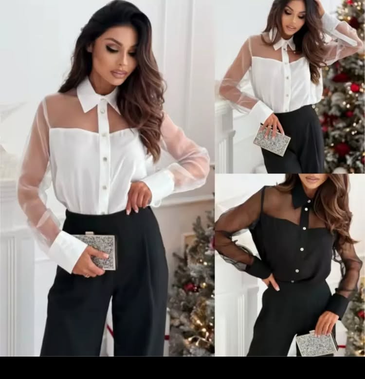 🎉Happy New Year! 50% OFF 🛍️Women's Sheer Mesh Patchwork Button-Down Lapel Shirt