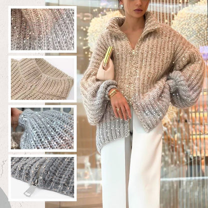 🔥Hot Sale 50% OFF🔥 Fashion Sequin Full-Zipper Knit Sweater for Women