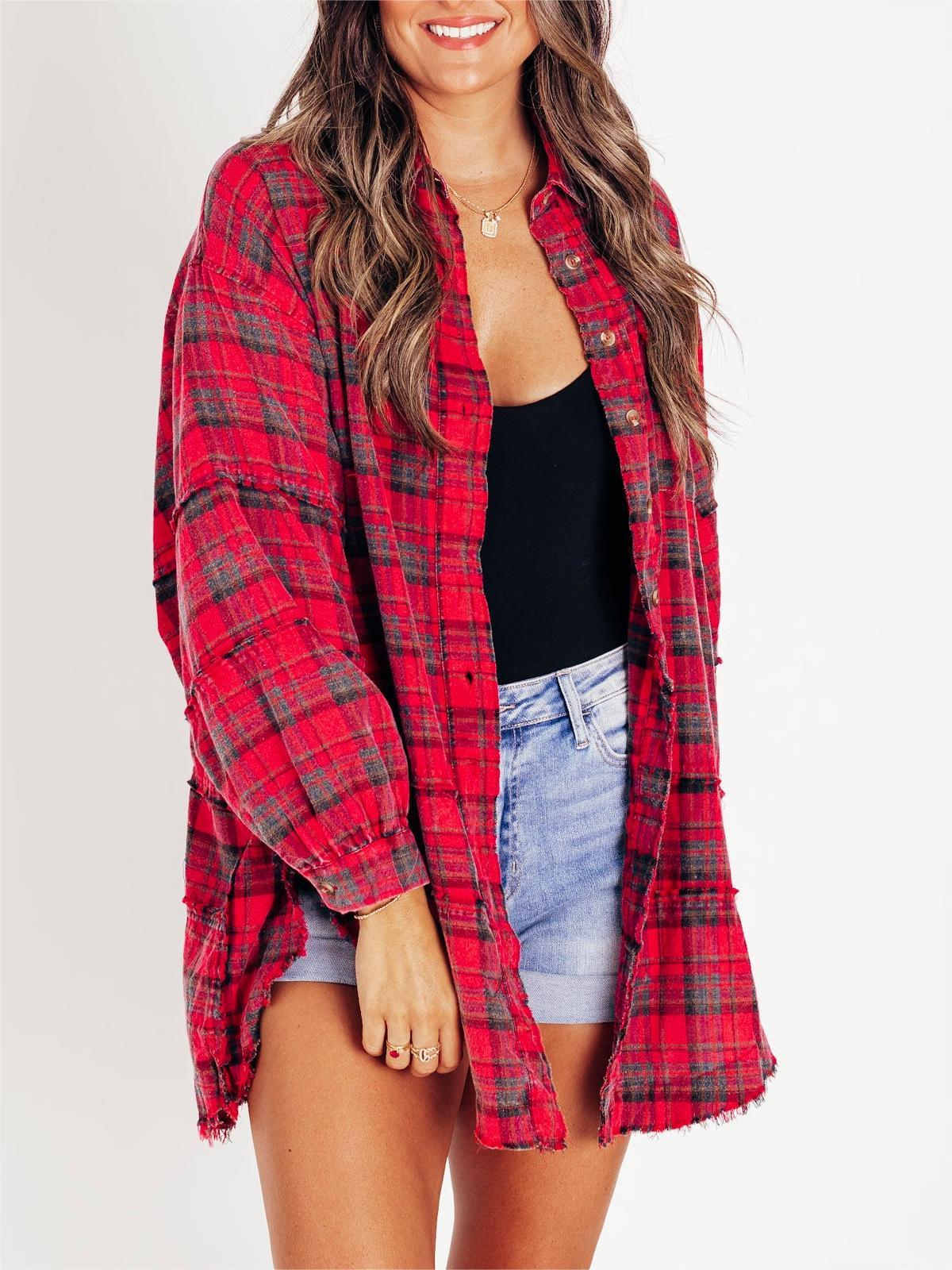 🎅Christmas Pre-sale🎁🏆Women's Mineral Washed Button Down Plaid Shirt