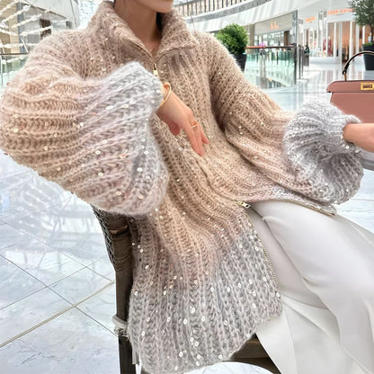 🔥Hot Sale 50% OFF🔥 Fashion Sequin Full-Zipper Knit Sweater for Women