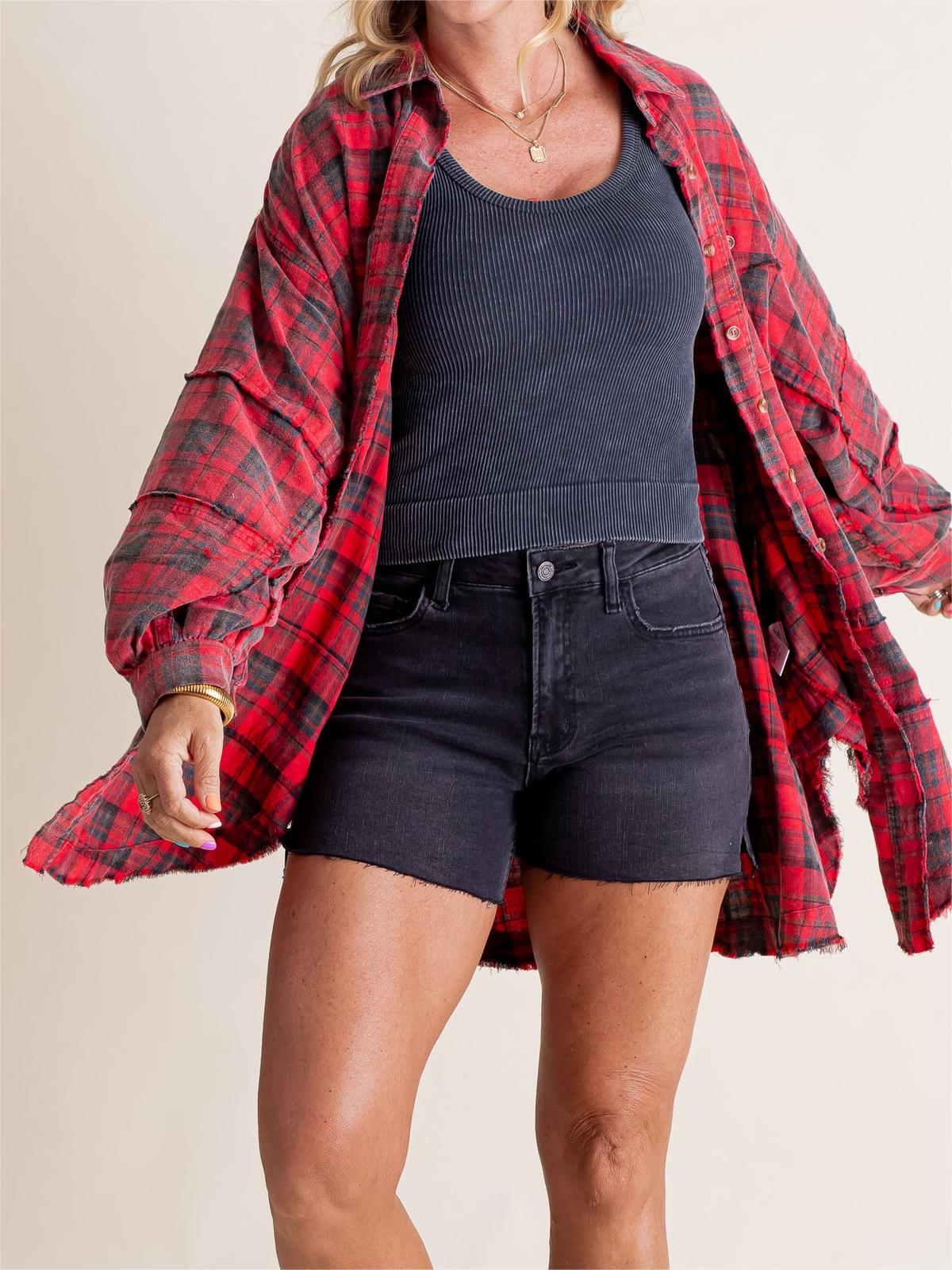 🎅Christmas Pre-sale🎁🏆Women's Mineral Washed Button Down Plaid Shirt