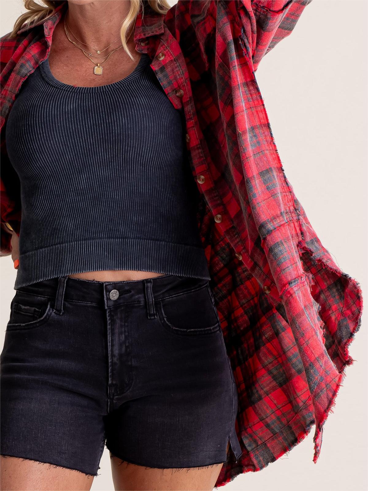 🎅Christmas Pre-sale🎁🏆Women's Mineral Washed Button Down Plaid Shirt