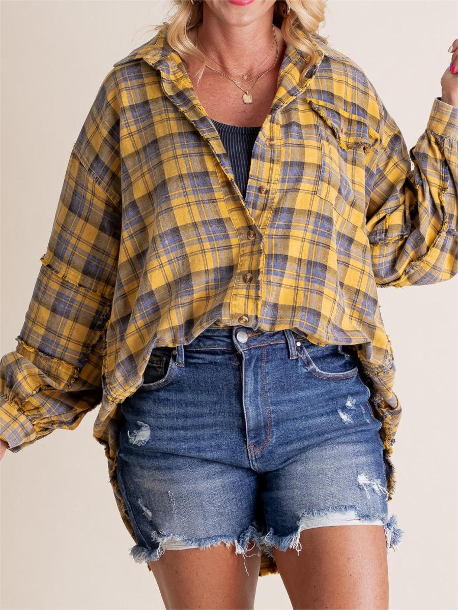 🎅Christmas Pre-sale🎁🏆Women's Mineral Washed Button Down Plaid Shirt