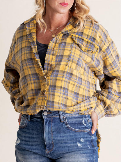 🎅Christmas Pre-sale🎁🏆Women's Mineral Washed Button Down Plaid Shirt