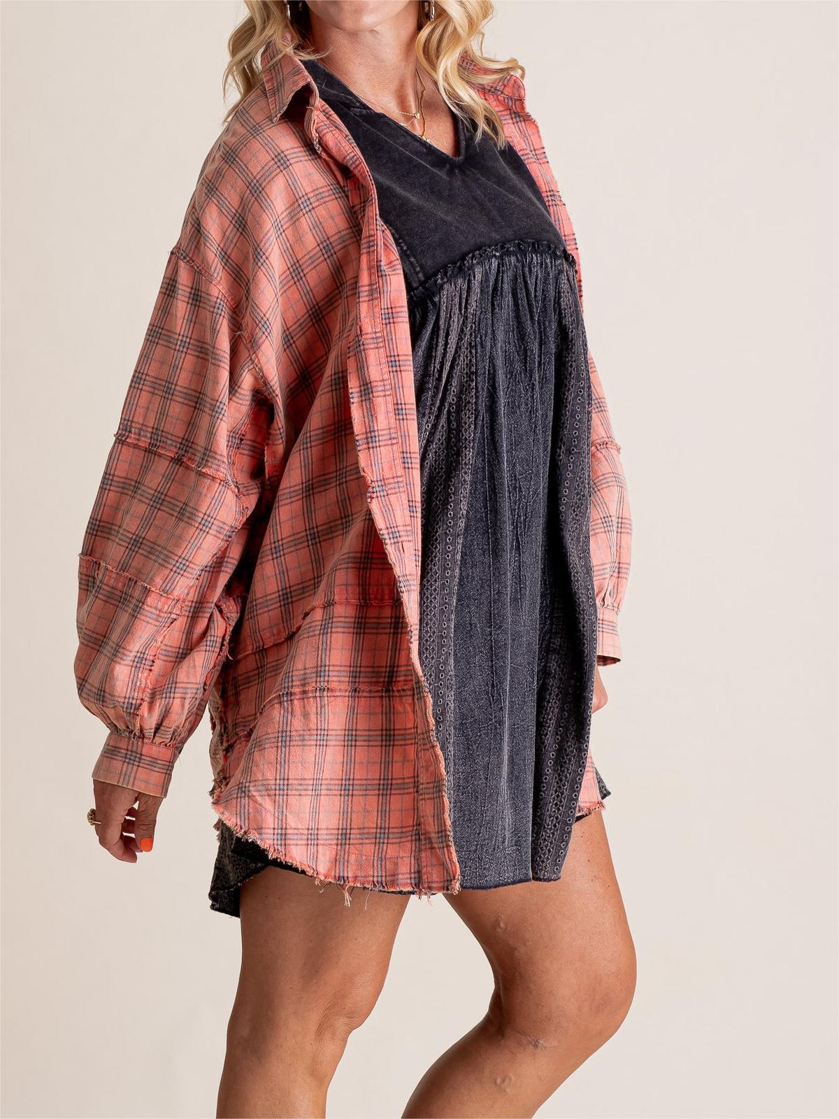 🎅Christmas Pre-sale🎁🏆Women's Mineral Washed Button Down Plaid Shirt