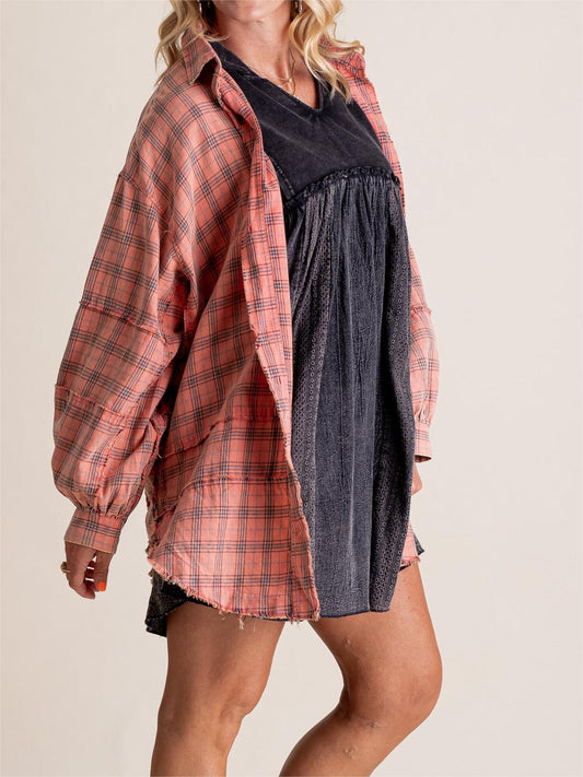 🎅Christmas Pre-sale🎁🏆Women's Mineral Washed Button Down Plaid Shirt