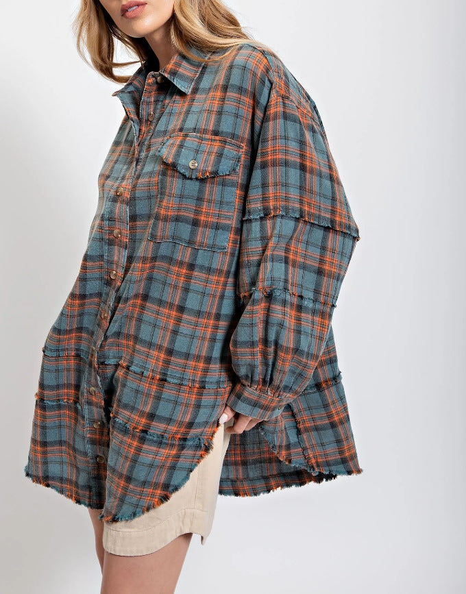 🎅Christmas Pre-sale🎁🏆Women's Mineral Washed Button Down Plaid Shirt