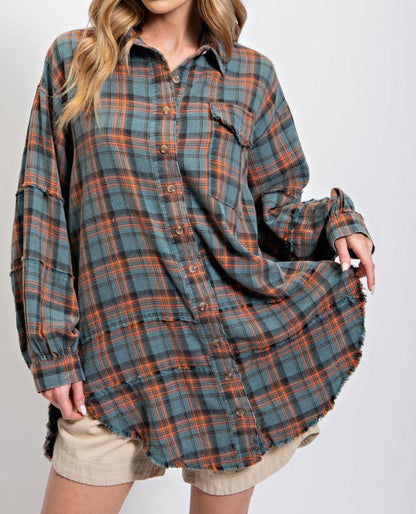 🎅Christmas Pre-sale🎁🏆Women's Mineral Washed Button Down Plaid Shirt