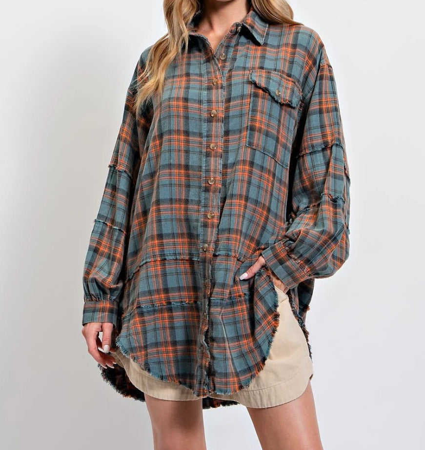 🎅Christmas Pre-sale🎁🏆Women's Mineral Washed Button Down Plaid Shirt