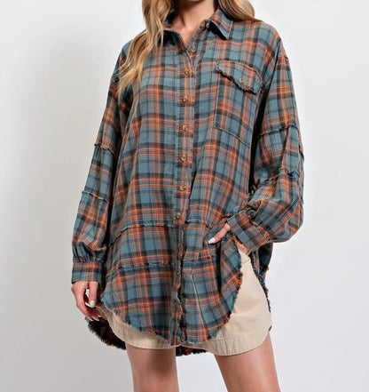 🎅Christmas Pre-sale🎁🏆Women's Mineral Washed Button Down Plaid Shirt