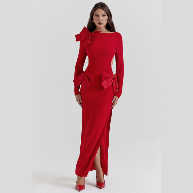 🎅Early Xmas Sales - 50% OFF🎄Elegant Bow Waist Cutout High Split Dress