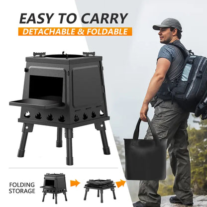 ⏳Oferta por Tiempo Limitado⏰🏕️ Estufa Portátil de Leña Tipo Cohete – 16 orificios de ventilación, hierro fundido de alta resistencia, hierve agua en minutos ☕✨