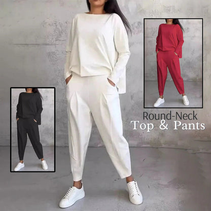 🔥2025 HOT SALE🔥 Women's 2-piece set: long-sleeved round neck top + pants🧥+👖