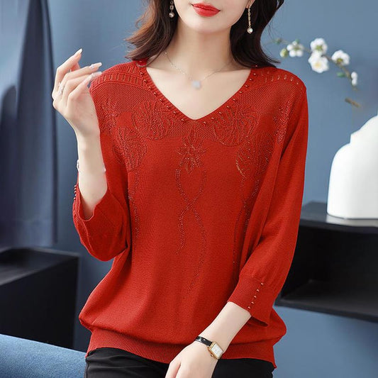 🎅Christmas Pre-sale🥰Women’s Vintage V-neck Beaded Pullover Shirt