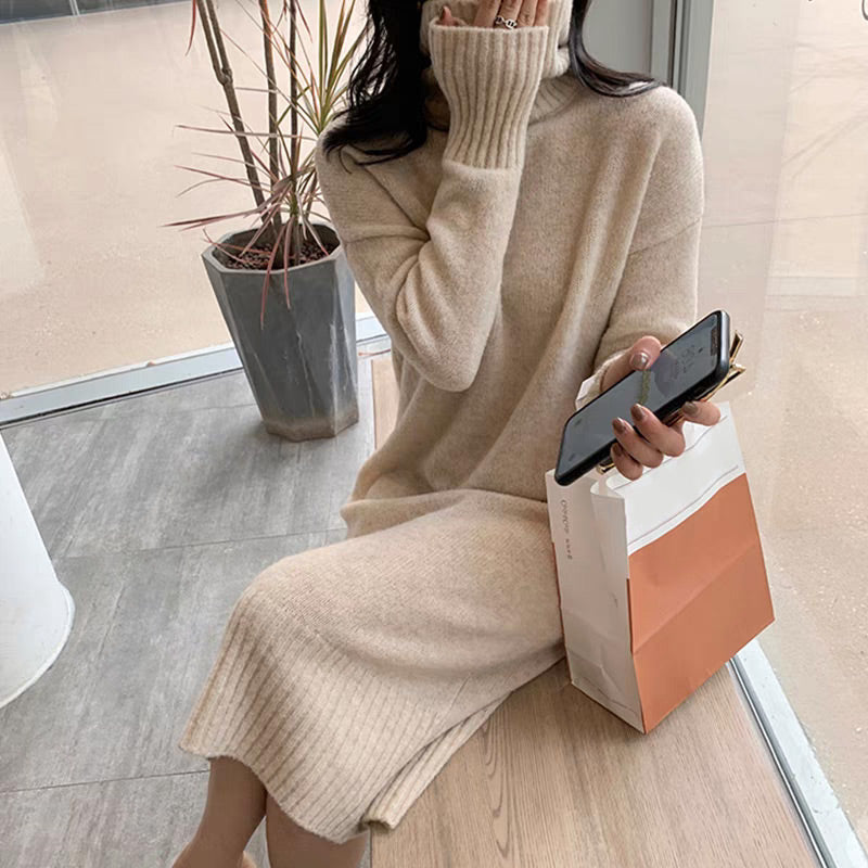 🔥🖤Black Friday Sale🔥Elegant Loose Solid Color Turtleneck Knit Dress