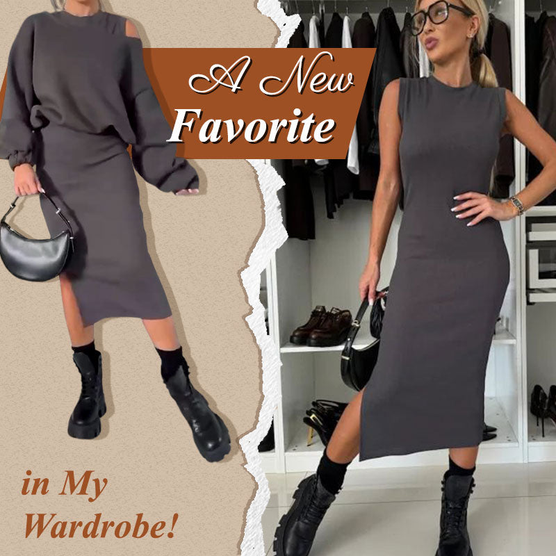 🔥Hot Sale🔥-49% OFF Women's Slanted Shoulder Sweatshirt & Sleeveless Dress Set