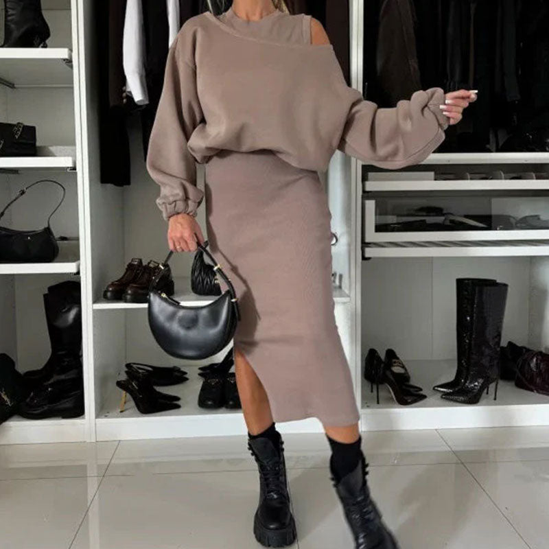 🔥Hot Sale🔥-49% OFF Women's Slanted Shoulder Sweatshirt & Sleeveless Dress Set