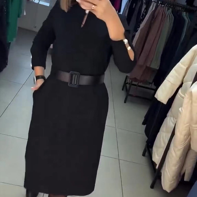 🖤Black Friday 50% off sale💥Women's Elegant Solid Color Dress with Belt