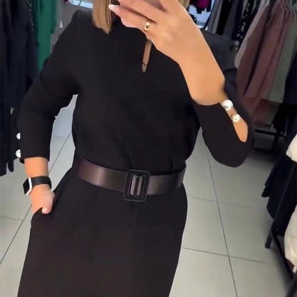 🖤Black Friday 50% off sale💥Women's Elegant Solid Color Dress with Belt