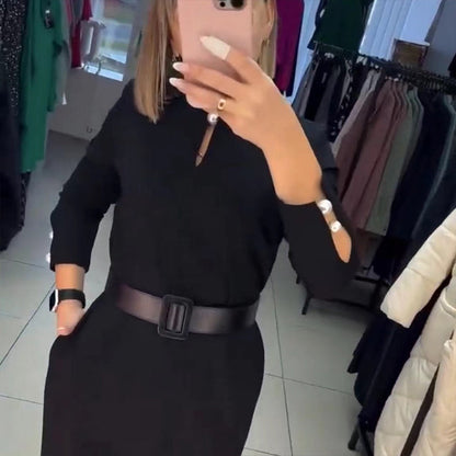 🖤Black Friday 50% off sale💥Women's Elegant Solid Color Dress with Belt