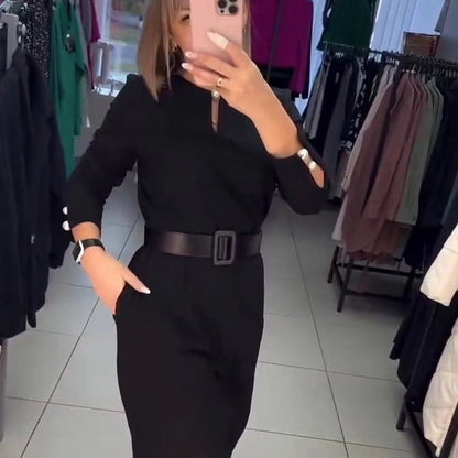 🖤Black Friday 50% off sale💥Women's Elegant Solid Color Dress with Belt