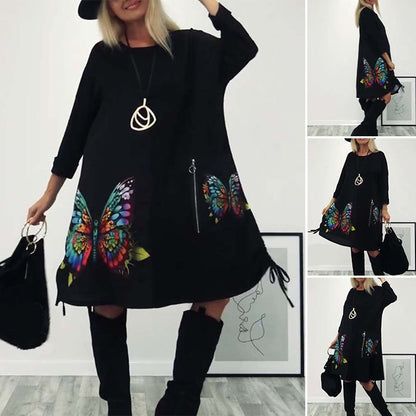 🎅Christmas Pre-sale🎁Women's Loose Butterfly Print Round Neck Dress