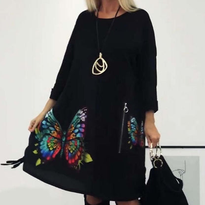 🎅Christmas Pre-sale🎁Women's Loose Butterfly Print Round Neck Dress