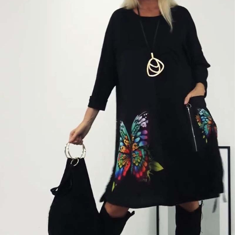 🎅Christmas Pre-sale🎁Women's Loose Butterfly Print Round Neck Dress