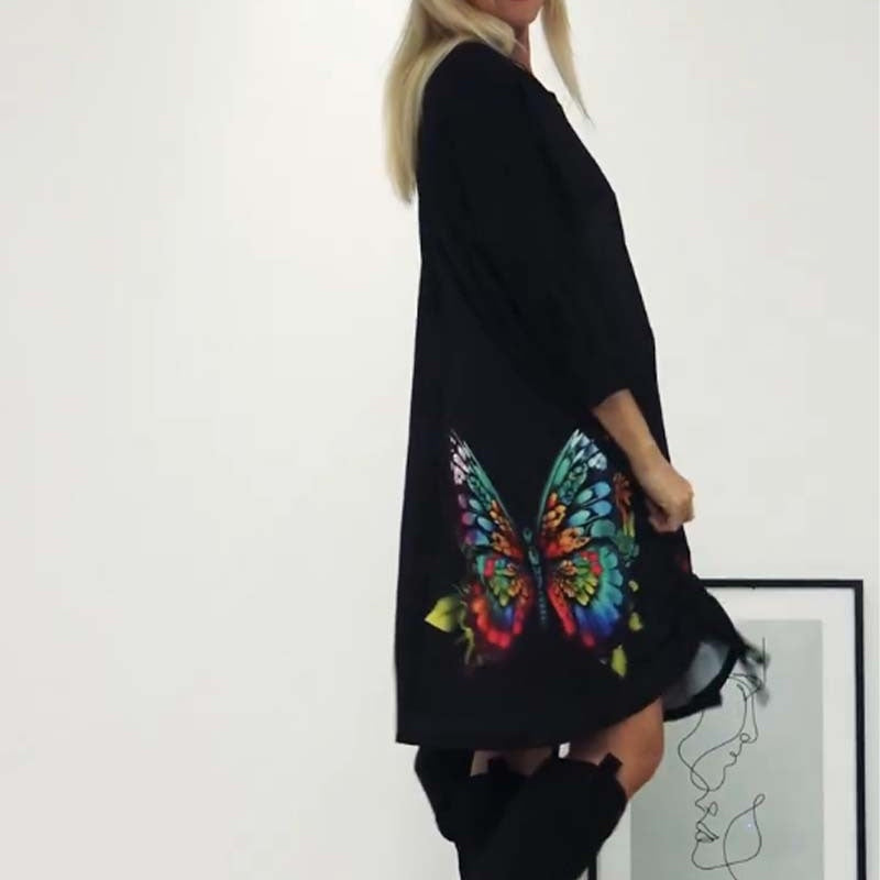 🎅Christmas Pre-sale🎁Women's Loose Butterfly Print Round Neck Dress