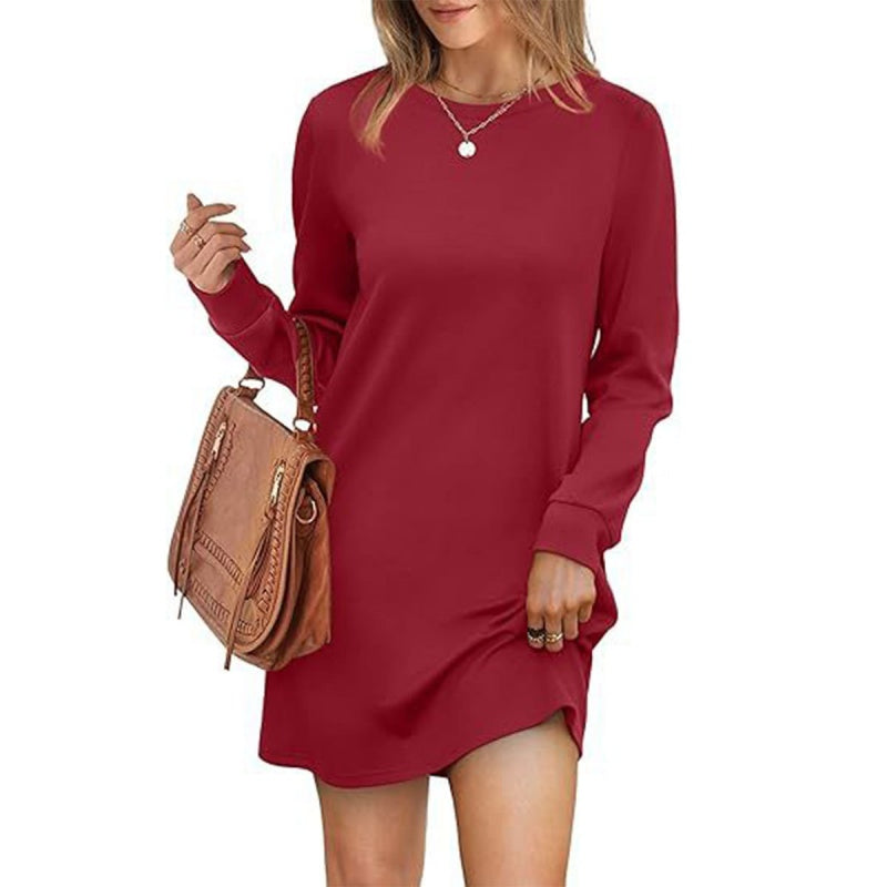 🎅Christmas Pre-sale🎁Women’s Solid Round-Neck Long-Sleeve Dresses with Pockets