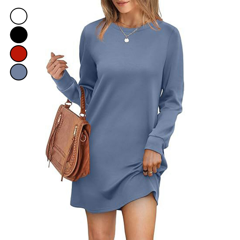 🎅Christmas Pre-sale🎁Women’s Solid Round-Neck Long-Sleeve Dresses with Pockets