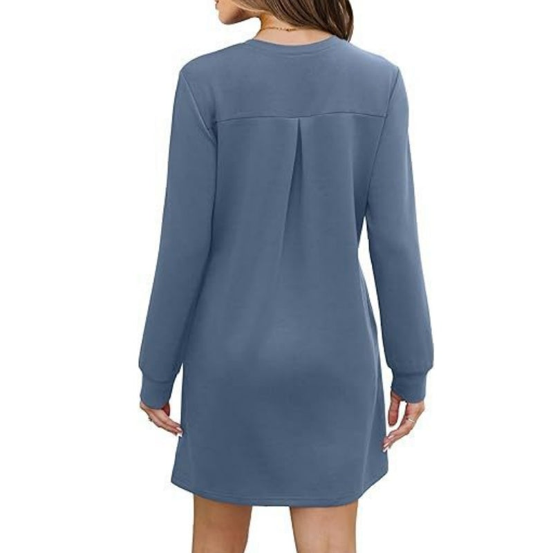 🎅Christmas Pre-sale🎁Women’s Solid Round-Neck Long-Sleeve Dresses with Pockets