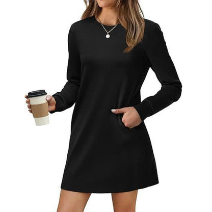 🎅Christmas Pre-sale🎁Women’s Solid Round-Neck Long-Sleeve Dresses with Pockets