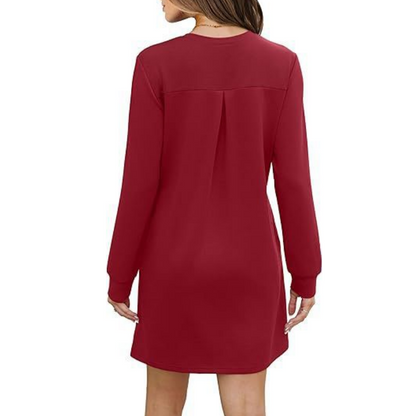 🎅Christmas Pre-sale🎁Women’s Solid Round-Neck Long-Sleeve Dresses with Pockets