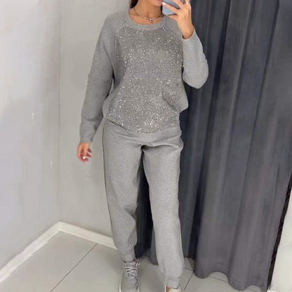 🎅Christmas 50% off sale💥Women's Glitter Rhinestone Sweatshirt & Casual Pants 2 Piece Set