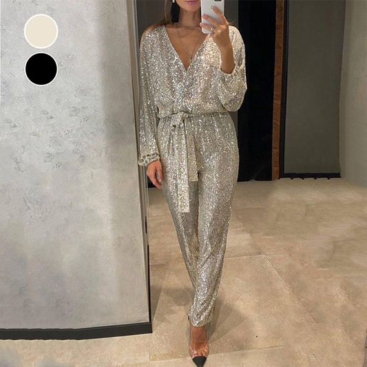 🖤Black Friday Sale:50%🔥Women's Glittery V-Neck Belted Jumpsuit