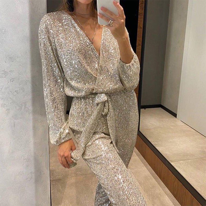 🖤Black Friday Sale:50%🔥Women's Glittery V-Neck Belted Jumpsuit