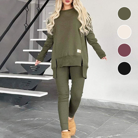 🔥2025 New Arrival Pre-Sale🍃Slit High Low Hem Sweatshirt ＆ Bodycon Pants Set