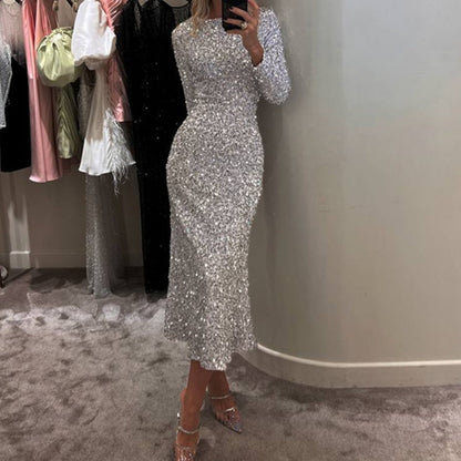 🎅Early Xmas Sales - 50% OFF🎄Women's Sparkly Round-Neck Bodycon Long Dress