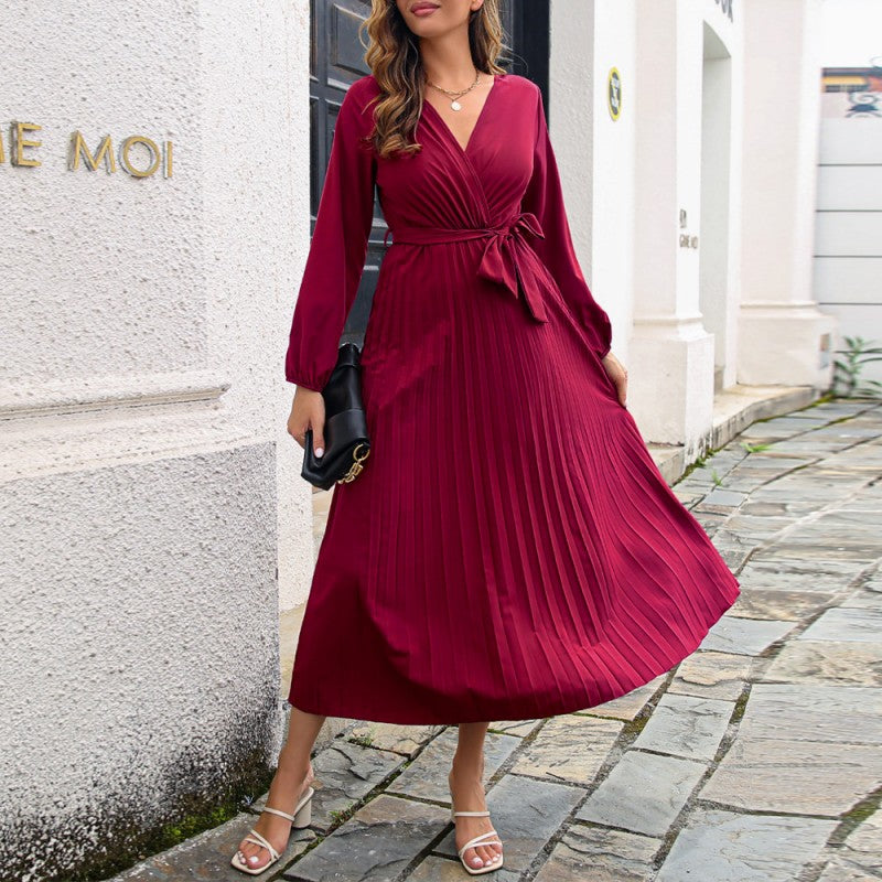 🎅Xmas Sales - 50% OFF🎄Women's Long Length Pleated Wrap Tie Dress