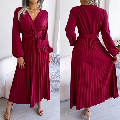 🎅Xmas Sales - 50% OFF🎄Women's Long Length Pleated Wrap Tie Dress