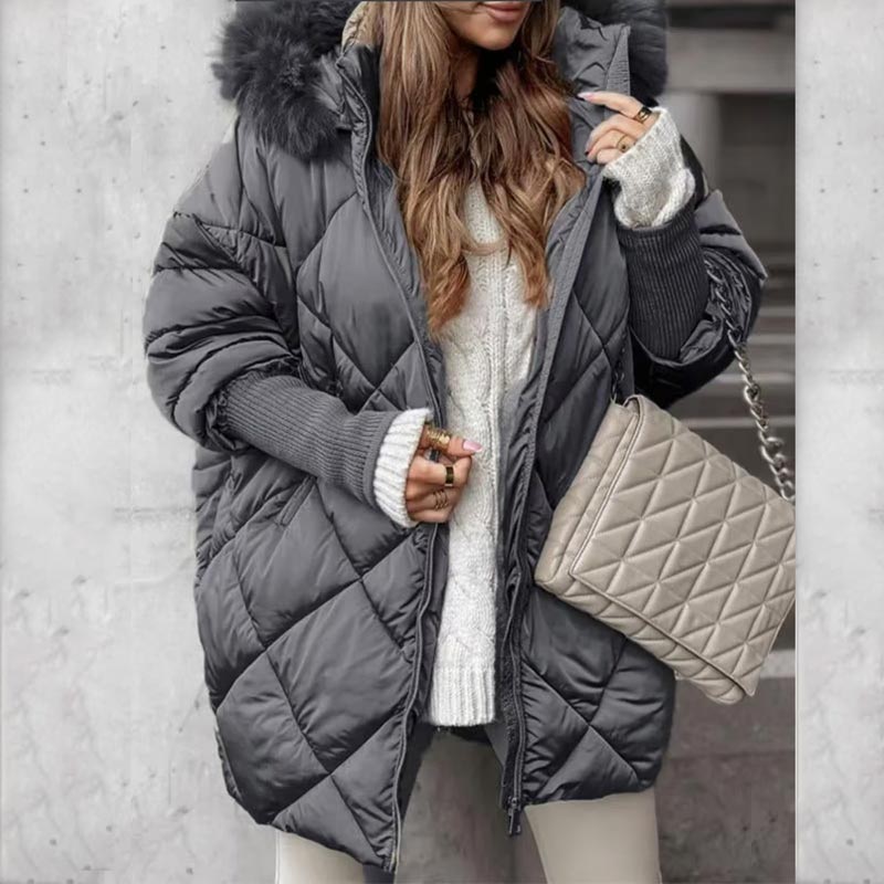 🎅Xmas Sales - 50% OFF🎄Women’s Winter Fashionable Mid-length Parka Coat with Knit Sleeves Patchwork⏰Free Shipping