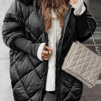 🎅Xmas Sales - 50% OFF🎄Women’s Winter Fashionable Mid-length Parka Coat with Knit Sleeves Patchwork⏰Free Shipping