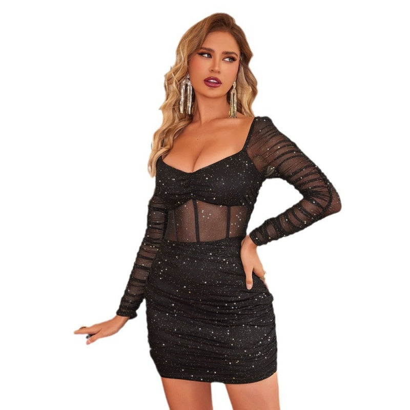 🔥🖤🎉Black Friday Specials 50% OFF🎁🎉Women's Sexy Mesh Glitter Long Sleeve Mini Dress