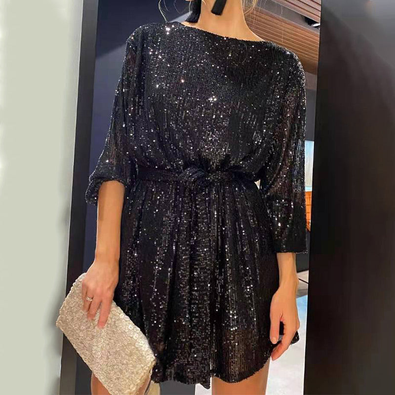 🎅Xmas Sales - 50% OFF🎄Sequin Tie Waist Mini Dress