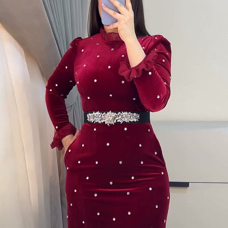 🔥🖤Black Friday Sale🔥Women's Rhinestone Dress with Ruched Ruffle Hem