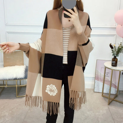 🎅Christmas Pre-sale🥰Women's Plaid Knitted Fringe Long Sleeve Shawl